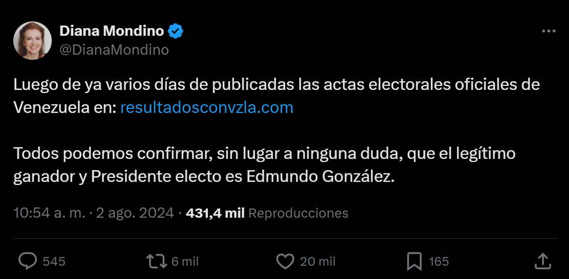 La postura de Diana Mondino sobre el resultado de las elecciones en Venezuela.