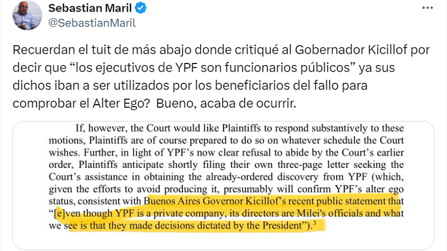 Sebastián Maril advirtió que la declaración de Axel Kicillof perjudicaría al Estado argentino en el juicio por YPF.