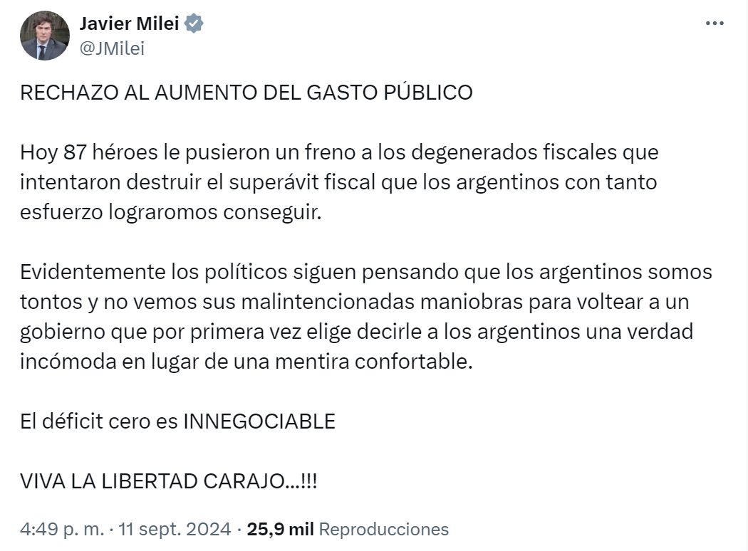 Javier Milei reaccionó tras el respaldo al veto a la reforma jubilatoria.