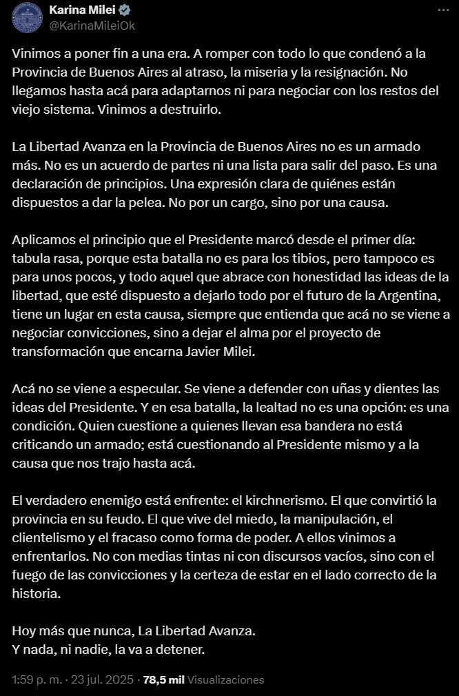 El comunicado de Karina Milei, en plena interna libertaria.
